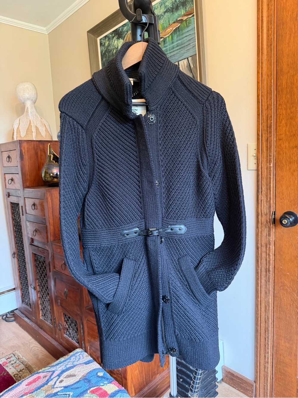 Blueberry black Wool heavy Knit Button-Up Cardigan with Belt Detail
